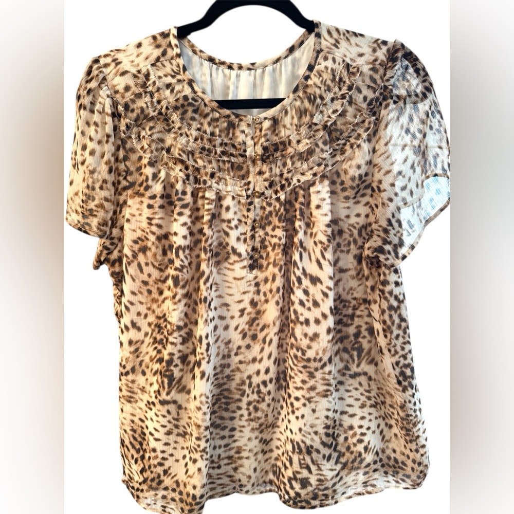 Animal Print Ruffled Sleeve Blouse with Bib Collar